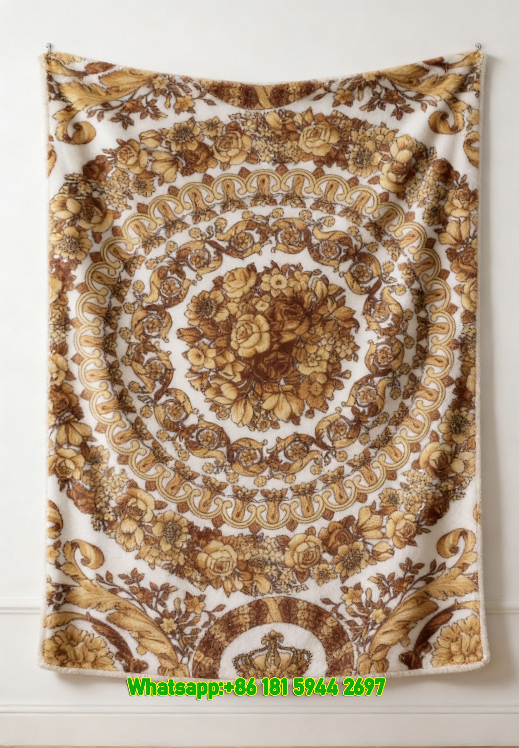 Versace Gold and White Baroque Floral Print Flannel Sofa Throw Blanket IMG_1763